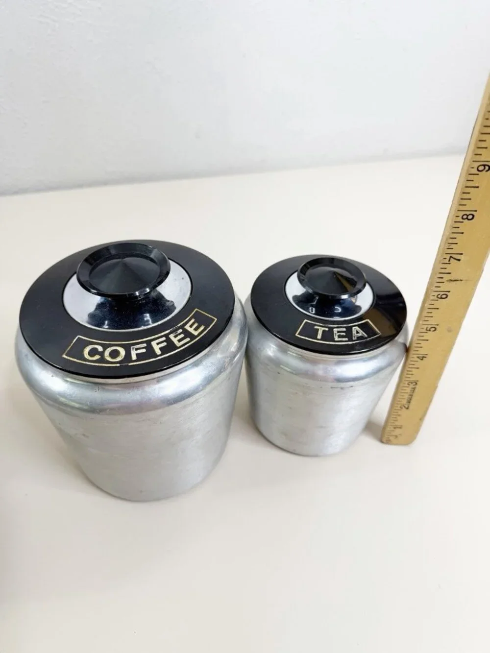 Vintage Kromex Aluminum Canister Set of 4 Flour Sugar Coffee Tea Black Lids EUC